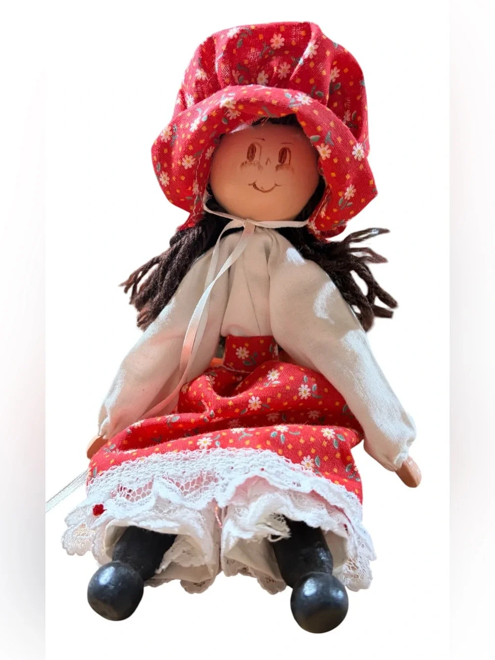Vintage Polish Wooden Peg Doll Girl Floral Dress Folk Art